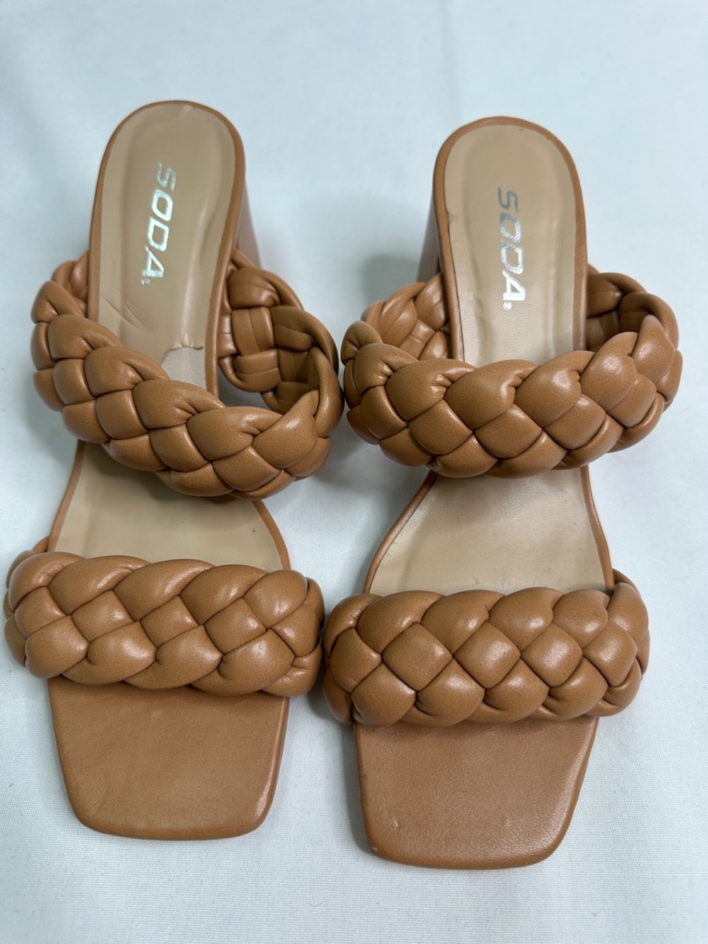 Soda Braided Double-Strap Slide Mules in Tan